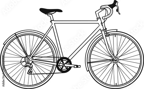 Road bicycle illustration, line drawing, drop handlebars, thin tires, bike anatomy, black vector, technical sketch, cycling design, speed frame, gear detail
