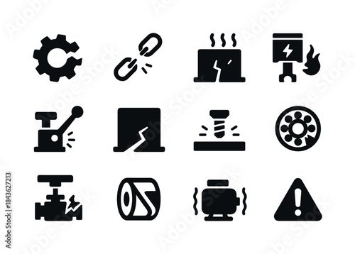 Mechanical Failure Icons. Mechanical failures. Solid icon set of