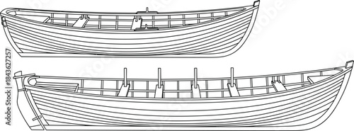 Rowboat line drawing, wooden boat, traditional design, maritime sketch, side view, oarlocks, hull planks, nautical vector, black illustration, vintage craft