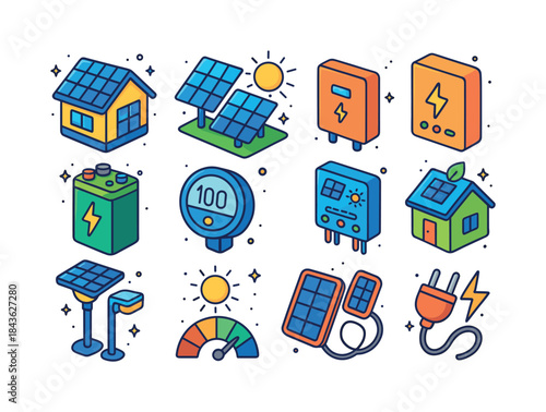 Colorful Solar Icons. Solar energy. Colorful isometric vector ic