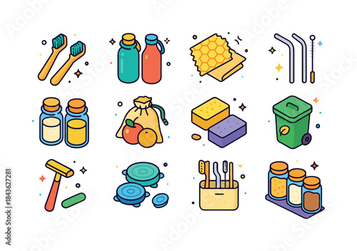 Zero-Waste Icon Set. Zero-Waste Lifestyle. Colorful isometric ve