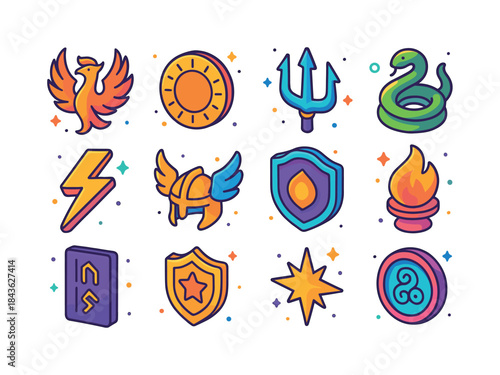 Colorful Mythology Icons. Mythology Symbols. Colorful isometric