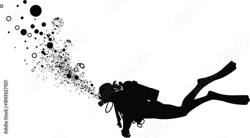 Scuba diver silhouette, underwater bubbles, black diving icon, marine exploration, white background, diving gear, ocean activity, aquatic illustration, posture reference