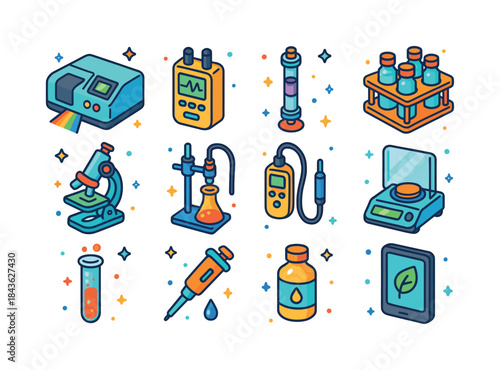 Colorful Lab Equipment Icons. Environmental lab equipment. Color
