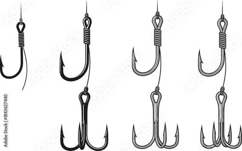 Fishing hook evolution, single to quadruple hook, tackle gear icon, monochrome vector, knot detail, angling equipment, bait setup illustration