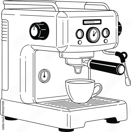 Espresso machine line drawing, coffee maker vector, barista equipment icon, steam wand detail, brewing setup, black and white illustration