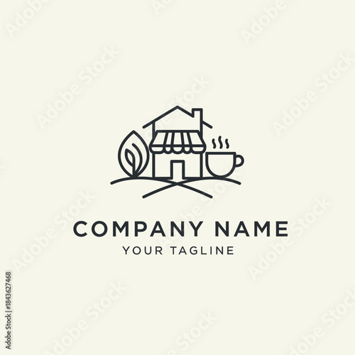 Minimalist cafe logo design with house and coffee cup.