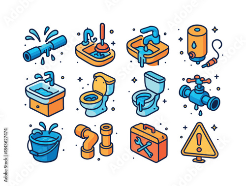 Plumbing Emergency Icons. Plumbing Emergencies. Colorful isometr