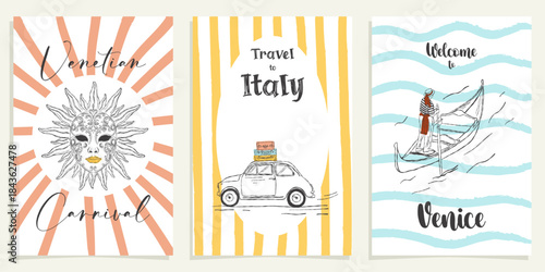Venice carnival and Italian travel scenes in Mediterranean vintage illustration style
