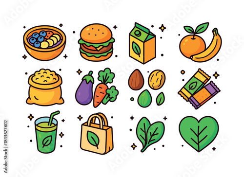 Vegan Icons Collection. Vegan Lifestyle. Colorful isometric vect