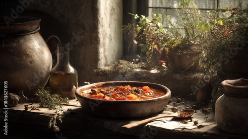 Bean and Vegetable Stew in Rustic Kitchen with Sunlit Herbs and Traditional Cooking Elements
