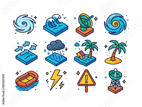 Tropical Cyclone Icons. Tropical Cyclones. Colorful isometric ve
