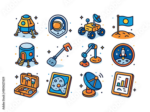 Lunar Exploration Icons. Lunar Exploration. Colorful isometric v