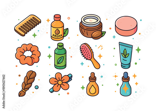 Natural Hair Care Icons. Natural hair care. Colorful isometric v