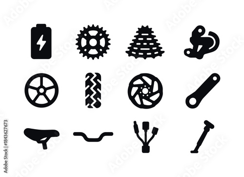 E-Bike Components Icons. E-bike components. Solid icon set of e-