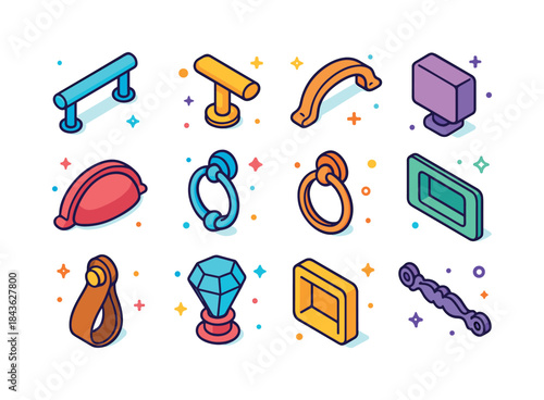 Colorful Cabinet Hardware Icons. Cabinet hardware. Colorful isom