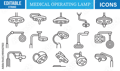 Editable stroke medical operating lamp icons for surgical and clinical design