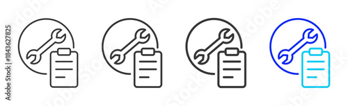 maintenance checklist icon set collection in creative outline style for industry featuring multiple thickness variations suitable for workplace standards and operational use