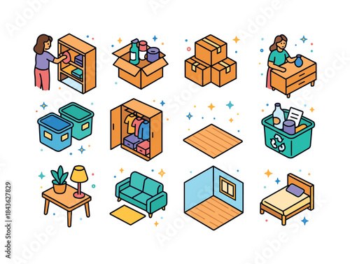 Isometric Decluttering Icons. Decluttering. Colorful isometric v