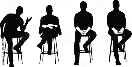 Seated posture silhouettes, stool sitting poses, black figure icons, gesture reference, body language chart, white background, anatomy design, pose study