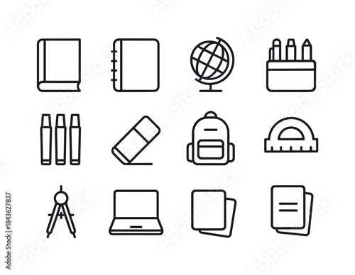 Educational Supplies Icons. Educational supplies. Line icon set