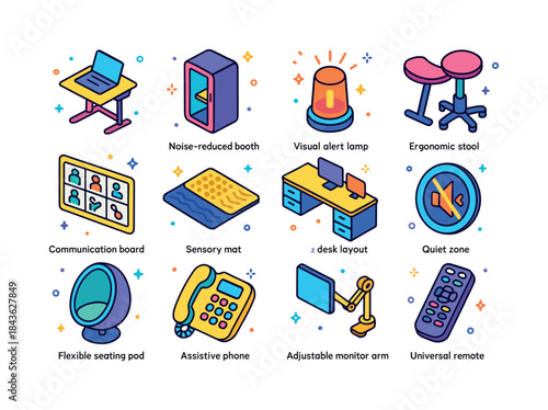Inclusive Workspace Icons. Inclusive Workspaces. Colorful isomet