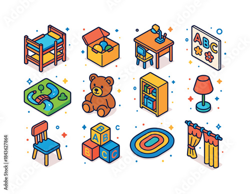 Colorful Kids Bedroom Icons. Kids bedroom. Colorful isometric ve
