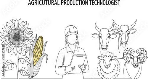 Agricultural production technologist illustration featuring crops, livestock animals, farmer with clipboard, and modern farming concept line art