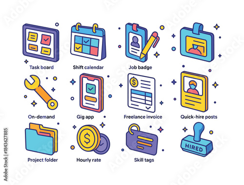 Short-Term Job Icons. Short-Term Jobs. Colorful isometric vector