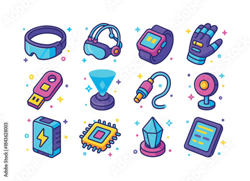 Cyber Gear Icons. Cyber gear. Colorful isometric vector icons se