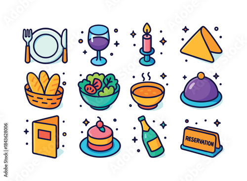 Colorful Dining Icons. Dining. Colorful isometric vector icons s