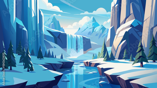 Serene mountain valley with waterfall