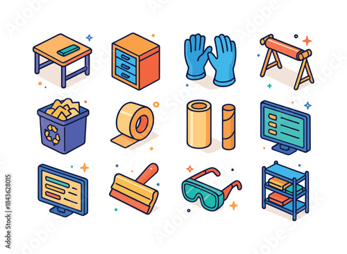Print Shop Icons. Print Shop Essentials. Colorful isometric vect