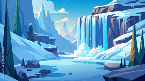 Serene winter landscape with frozen waterfall
