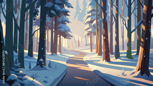 Sunlit winter forest path