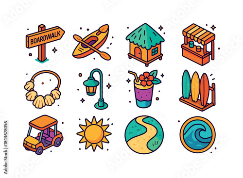 Seaside Icon Set. Seaside tourism. Colorful isometric vector ico