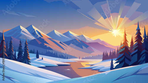 Sunrise over snowy peaks