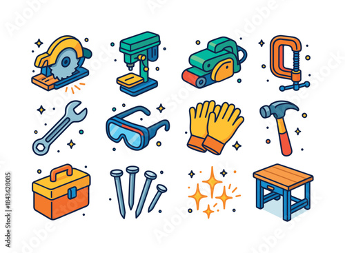 Colorful Workshop Icons. Workshop tools. Colorful isometric vect