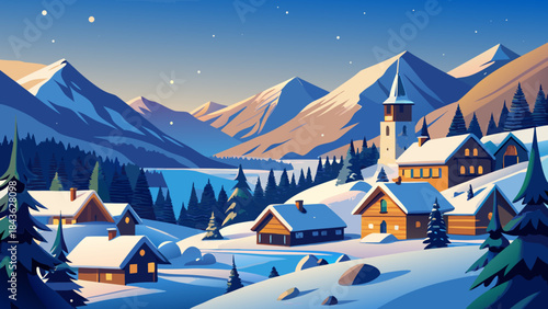 Serene mountain village in winter