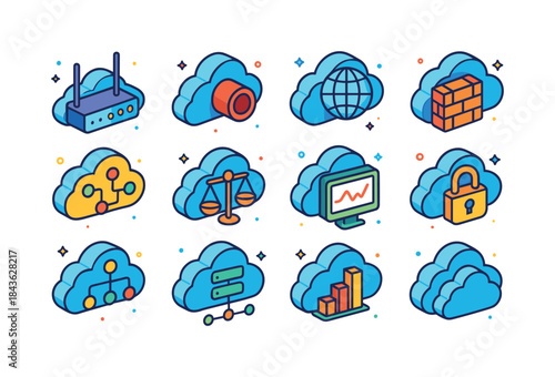 Colorful Cloud Networking Icons. Cloud networking. Colorful isom