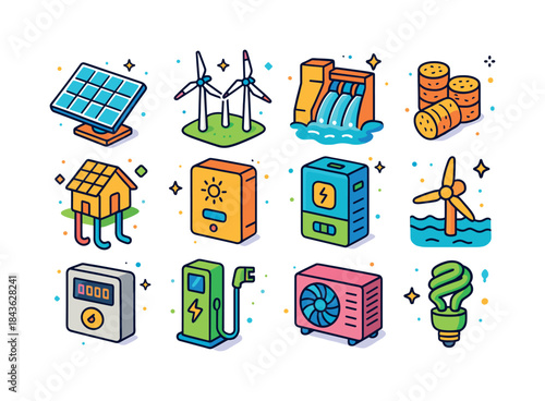 Renewable Energy Icons. Renewable Energy. Colorful isometric vec