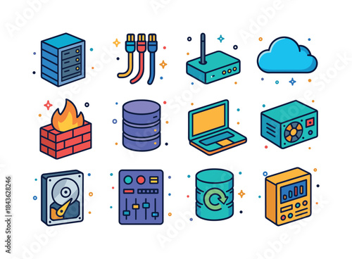 Colorful IT Icons. IT infrastructure. Colorful isometric vector