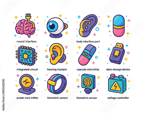 Futuristic Implant Icons. Futuristic implants. Colorful isometri