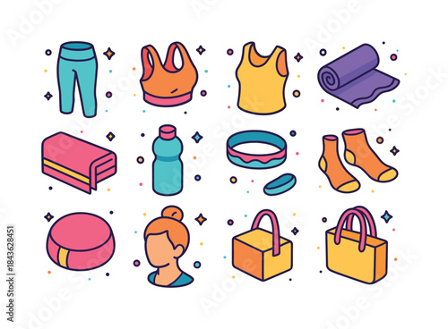 Vibrant Yoga Gear Icons. Yoga wear. Colorful isometric vector ic