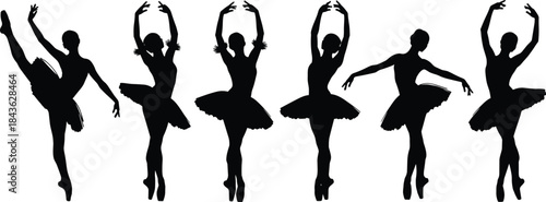 Ballet dancer silhouettes, classical ballet poses, elegant tutu costumes, dance movement art, graceful posture, white background, artistic performance, dance education