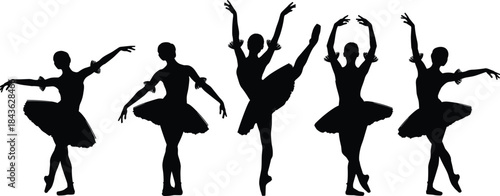 Ballet dancer silhouettes, elegant tutu poses, classical dance positions, graceful movement, white background, artistic form, dance technique, posture reference