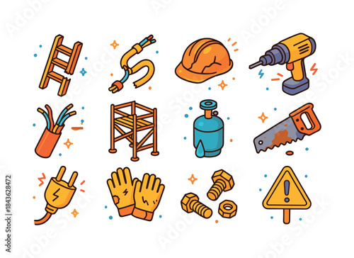 Unsafe Equipment Icons. unsafe equipment. Colorful isometric vec