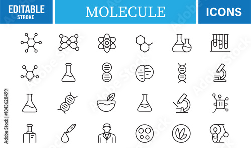Molecule and chemistry icon set in editable stroke style