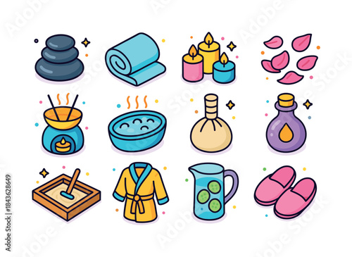 Relaxing Spa Icons. Spa and relaxation. Colorful isometric vecto
