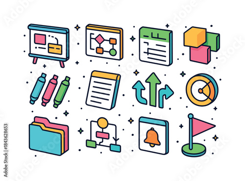 Colorful Workspace Icons. Project Workspace. Colorful isometric